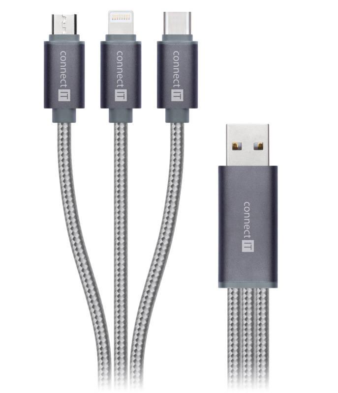Kabel Connect IT Wirez 3in1 USB USB-C MicroUSB Lightning, 0,2m stříbrný