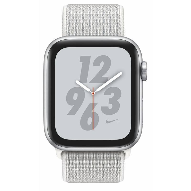 Chytré hodinky Apple Watch Nike Series 4 GPS 44mm pouzdro ze stříbrného hliníku - sněhově bílý provlékací sportovní řemínek Nike