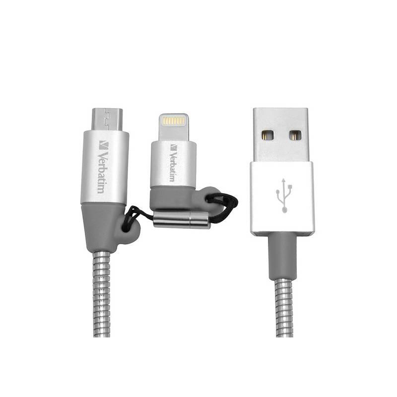 Kabel Verbatim USB micro USB lightning, 1m stříbrný, Kabel, Verbatim, USB, micro, USB, lightning, 1m, stříbrný