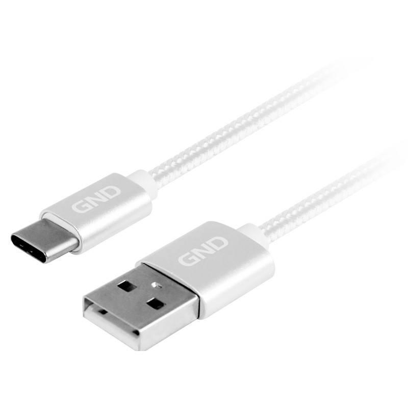 Kabel GND USB USB-C, 1m, opletený stříbrný, Kabel, GND, USB, USB-C, 1m, opletený, stříbrný