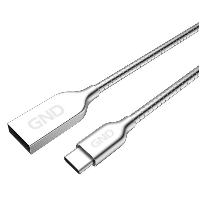 Kabel GND USB USB-C, 1m, opletený, ocelový stříbrný, Kabel, GND, USB, USB-C, 1m, opletený, ocelový, stříbrný