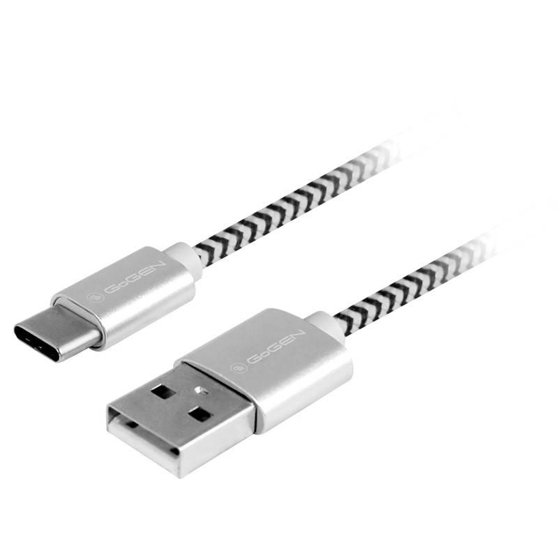 Kabel GoGEN USB USB-C, 2m, opletený stříbrný, Kabel, GoGEN, USB, USB-C, 2m, opletený, stříbrný