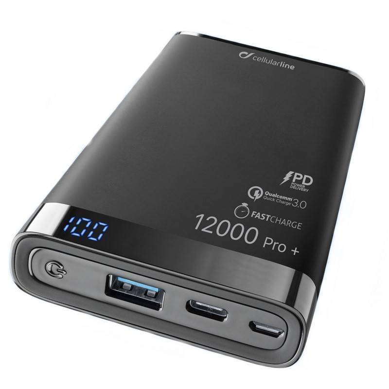 Powerbank CellularLine Freepower Manta Pro 12000mAh, QC 3.0, USB-C černá