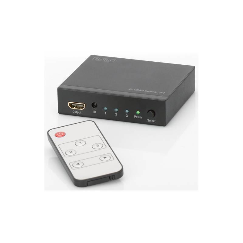 HDMI přepínač Digitus 3x1, podpora 4K dálkové ovládání černý
