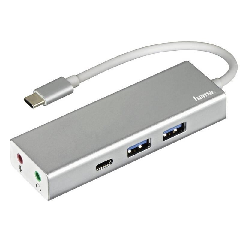 USB Hub Hama USB-C 2x USB, USB-C, Jack 3,5mm stříbrný