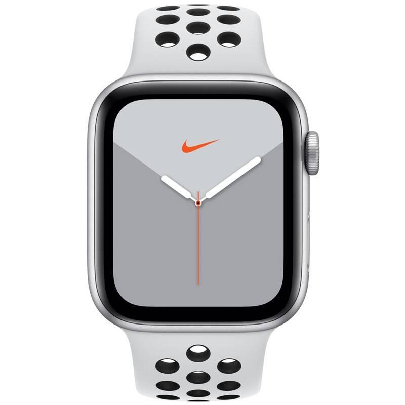 Chytré hodinky Apple Watch Nike Series 5 GPS 44mm pouzdro ze stříbrného hliníku - platinový černý sportovní řemínek Nike