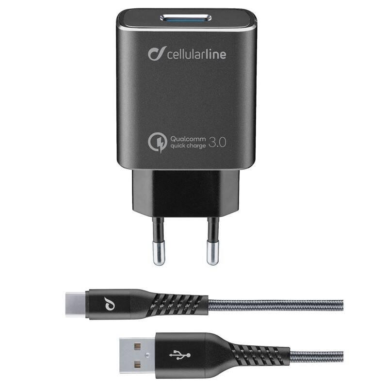 Nabíječka do sítě CellularLine Tetra Force 18W, QC 3.0 USB-C kabel 1m černá