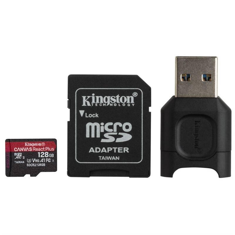 Paměťová karta Kingston Canvas React Plus MicroSDXC 128GB UHS-II U3 adaptér čtečka