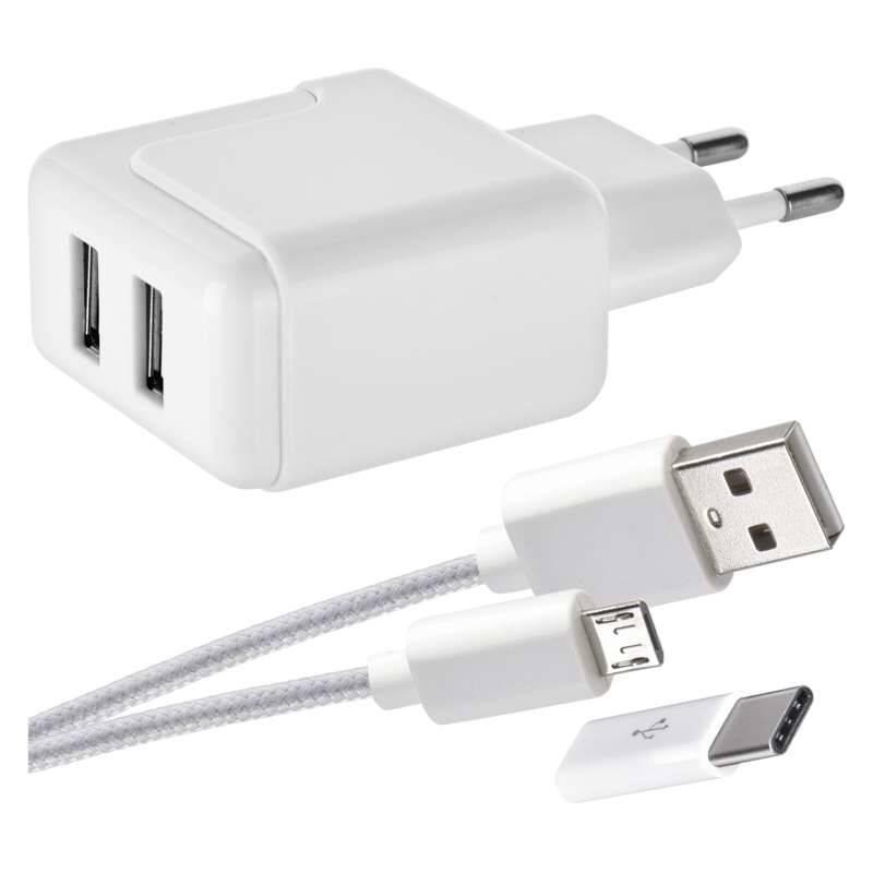 Nabíječka do sítě EMOS 1x USB, Micro USB kabel, USB-C redukce, 1m bílá