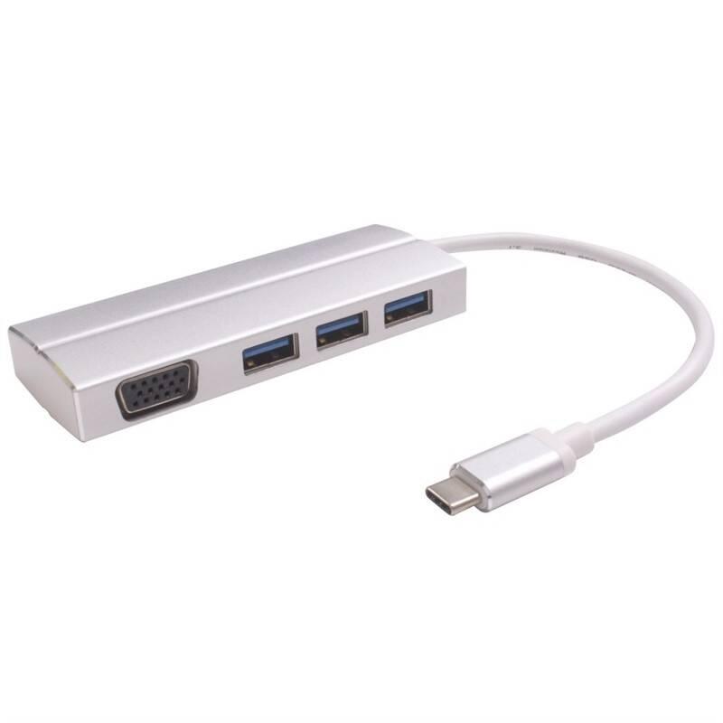USB Hub PremiumCord USB-C VGA, 3x USB 3.0 stříbrný