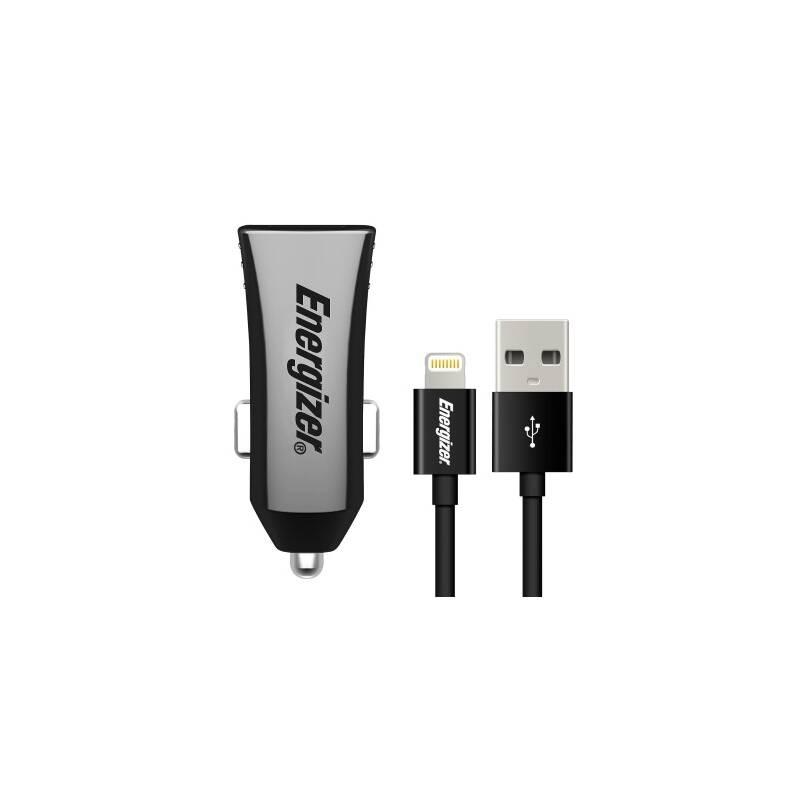 Adaptér do auta Energizer 2x USB 3,4A s Ligthning kabelem 1m, MFI černý