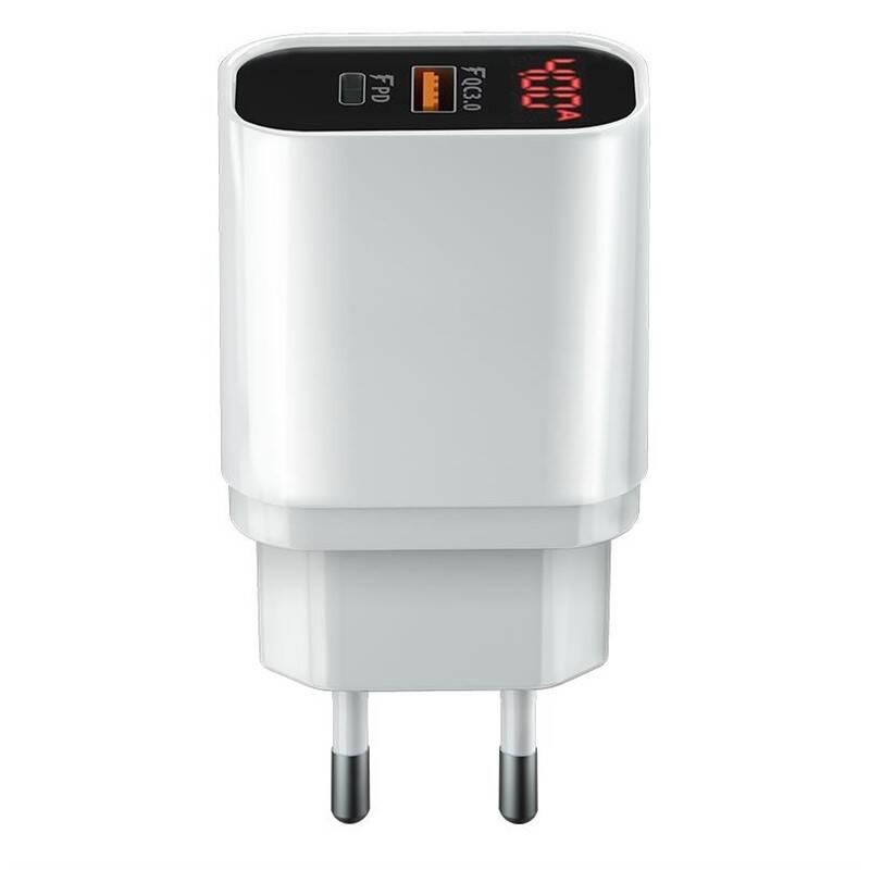 Nabíječka do sítě Forever Core 1x USB QC 3.0, 1x USB-C PD, 20W s digitálním displejem bílá