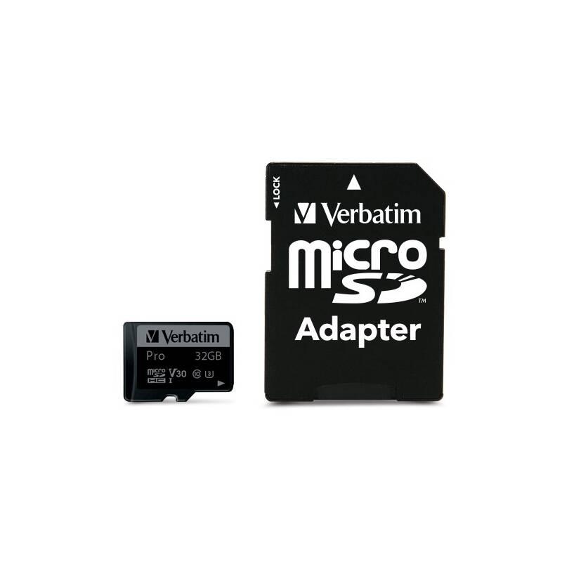 Paměťová karta Verbatim Pro microSDHC 32GB UHS-I V30 U3 adaptér, Paměťová, karta, Verbatim, Pro, microSDHC, 32GB, UHS-I, V30, U3, adaptér