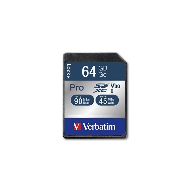 Paměťová karta Verbatim Pro SDXC 64GB UHS-I V30 U3, Paměťová, karta, Verbatim, Pro, SDXC, 64GB, UHS-I, V30, U3