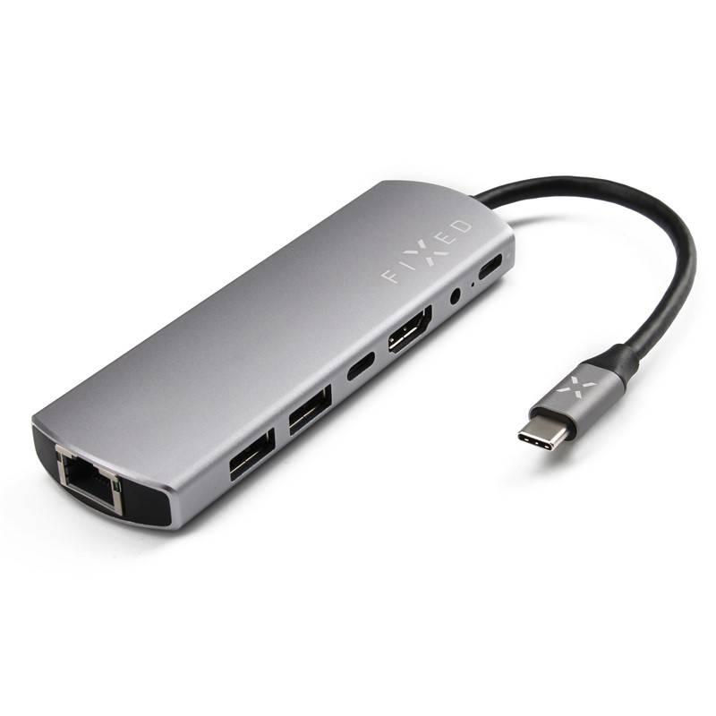 USB Hub FIXED USB-C 2x USB3.0, 1x HDMI, 1x Audio 3,5 mm, 1x USB-C PD, 1x USB-C Gen1, 1x RJ-45 stříbrný