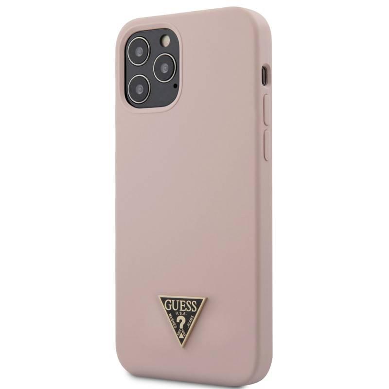 Kryt na mobil Guess Silicone Metal Triangle na Apple iPhone 12 12 Pro růžový