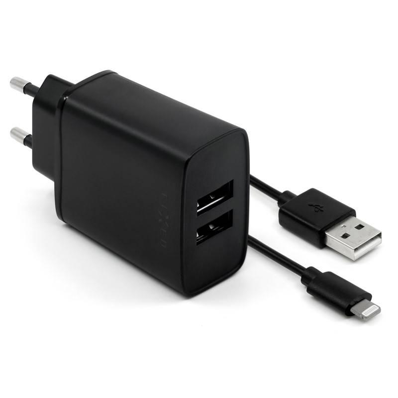 Nabíječka do sítě FIXED 2xUSB, 15W Smart Rapid Charge Lightning MFi kabel 1m černá