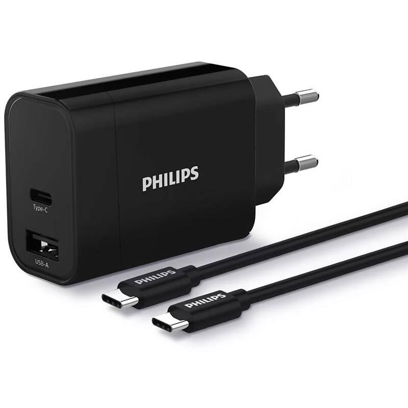 Nabíječka do sítě Philips 1x USB-C, 1x USB A USB-C kabel 1m černá