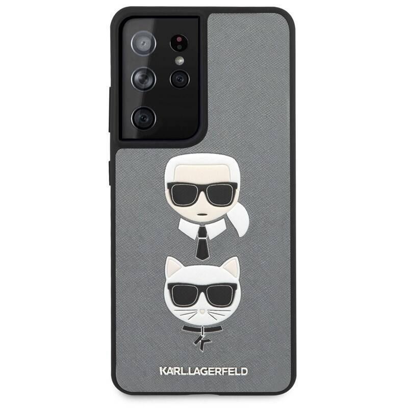 Kryt na mobil Karl Lagerfeld Saffiano K&C Heads na Samsung Galaxy S21 Ultra 5G stříbrný