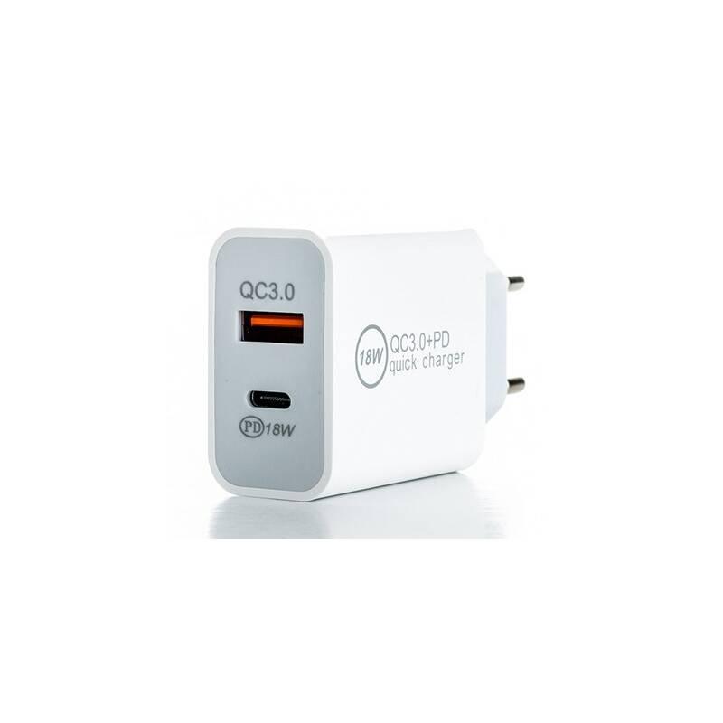 Nabíječka do sítě ER Power 18W USB-C PD, USB-A QC 3.0 bílá