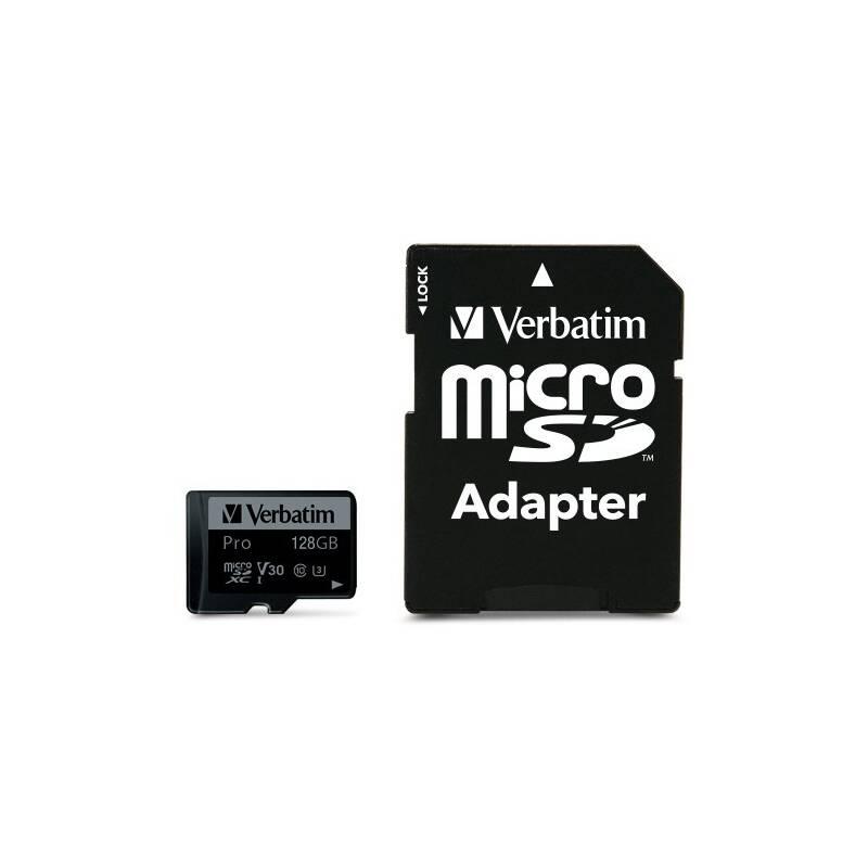 Paměťová karta Verbatim Pro microSDXC 128GB UHS-I V30 U3 SD adaptér, Paměťová, karta, Verbatim, Pro, microSDXC, 128GB, UHS-I, V30, U3, SD, adaptér