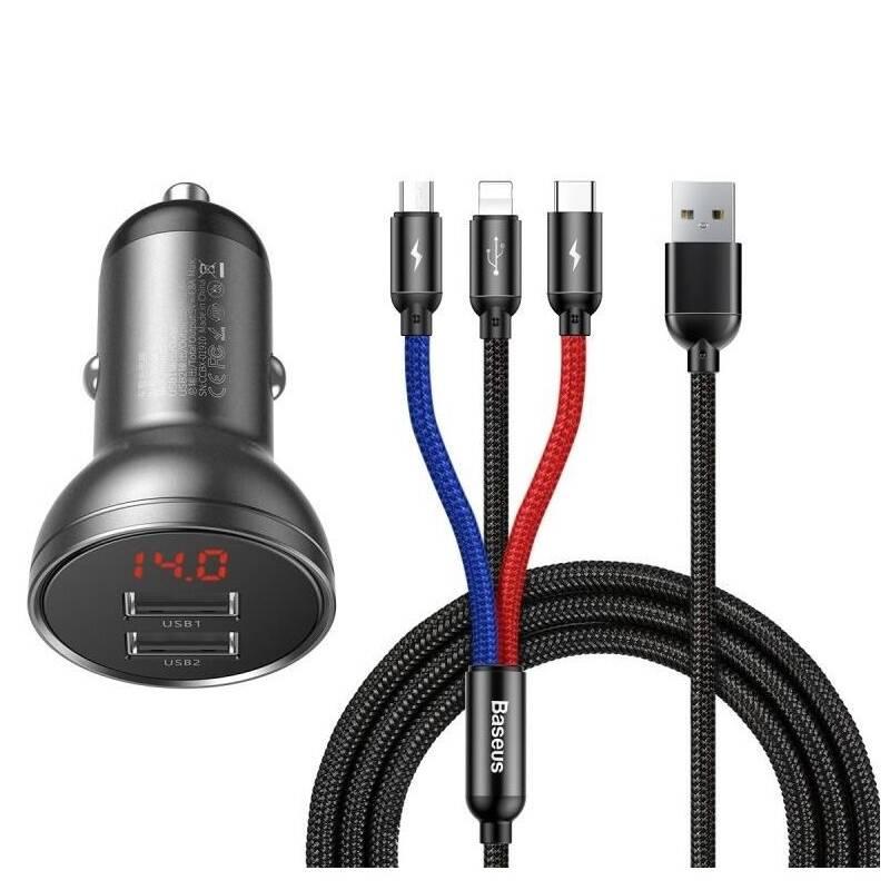 Adaptér do auta Baseus Digital Display 2xUSB 3v1 kabel 1,2m černý