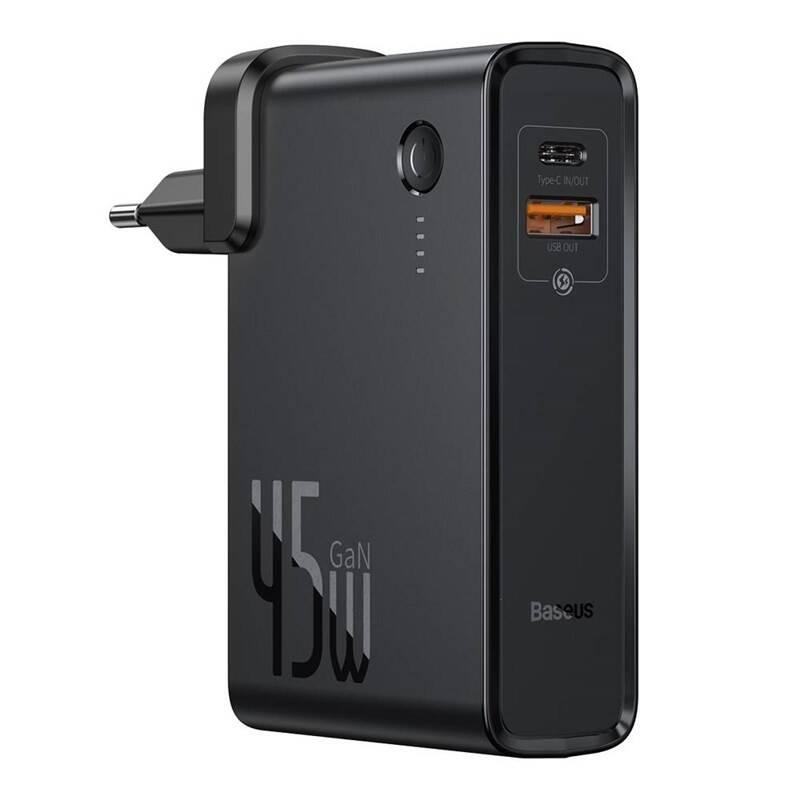 Nabíječka do sítě Baseus Power Station GaN 2v1 QC USB, USB-C a powerbanka 10000mAh 45W USB-C kabel 1m černá