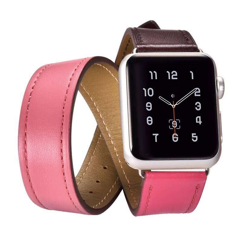 Řemínek iCarer na Apple Watch 42 44 mm Hovězí Kůže Hermes, dvojitý hnědý růžový