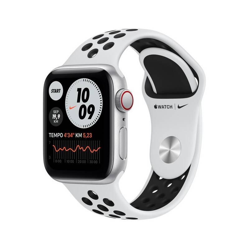 Chytré hodinky Apple Watch Nike SE GPS Cellular, 44mm pouzdro ze stříbrného hliníku - platinový černý sportovní řemínek Nike
