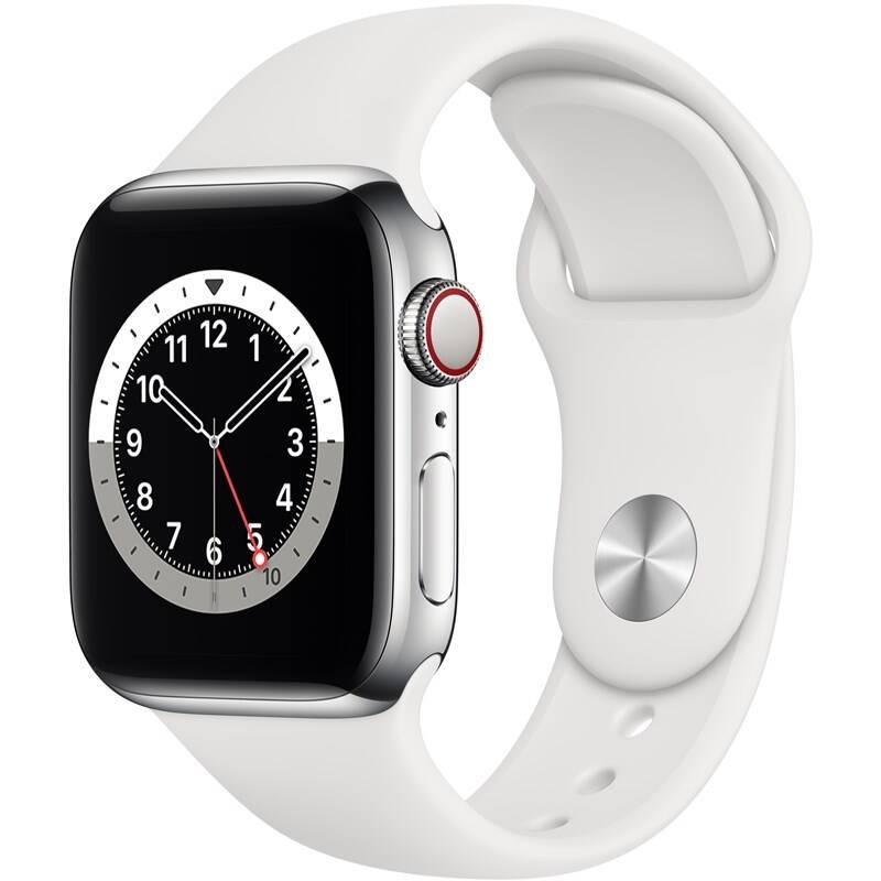 Chytré hodinky Apple Watch Series 6 GPS Cellular, 40mm stříbrné pouzdro z nerezové oceli - bílý sportovní náramek