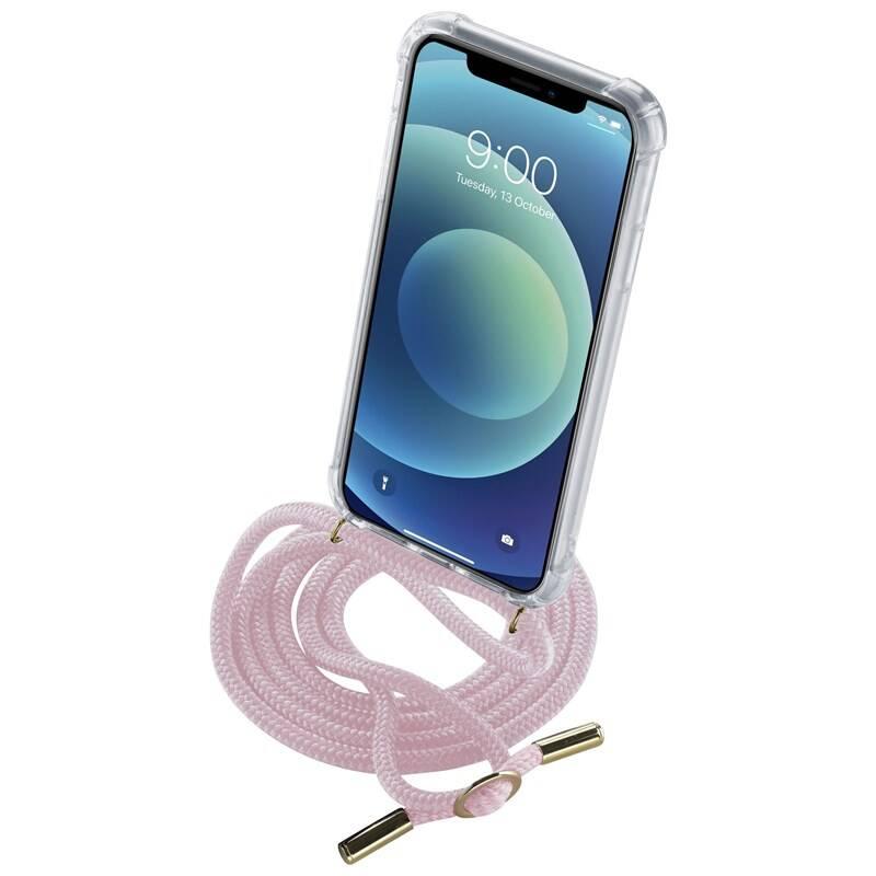 Kryt na mobil CellularLine Neck-Case s růžovou šňůrkou na krk na Apple iPhone 11 průhledný