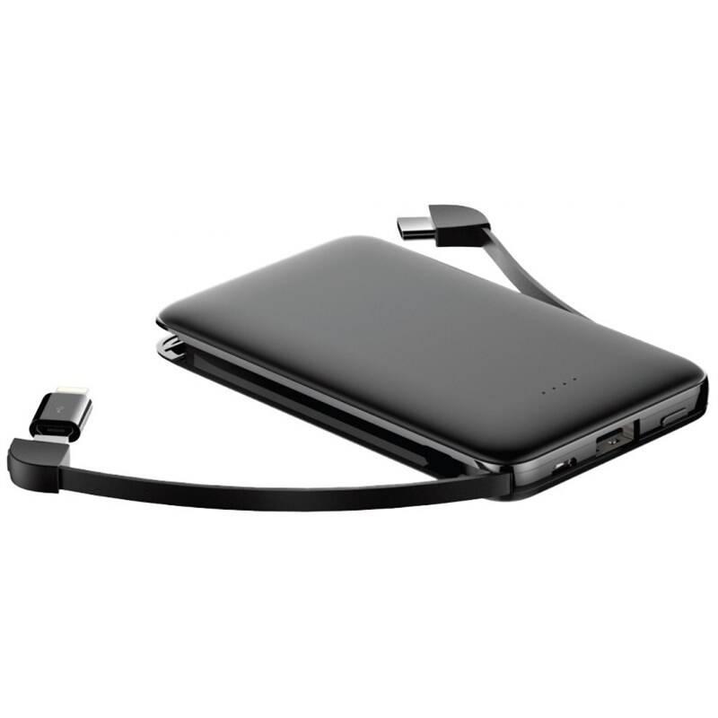 Powerbank WG 5000 mA, zabudovaný Micro a USB-C kabel, lightning redukce černá
