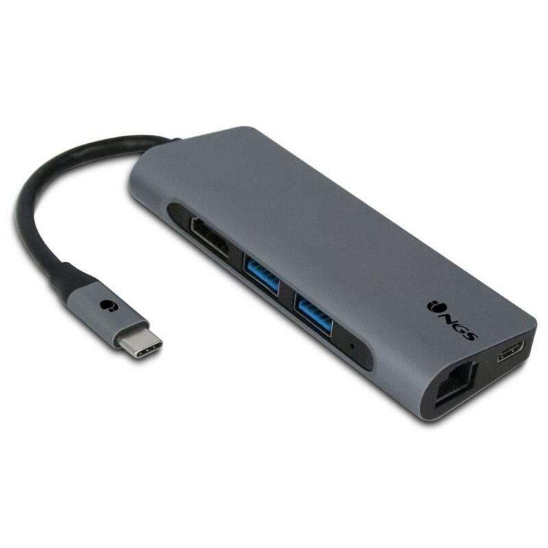 USB Hub NGS WONDER USB-C HDMI, 2x USB 3.0, RJ-45, USB-C, SD, micro SD šedý