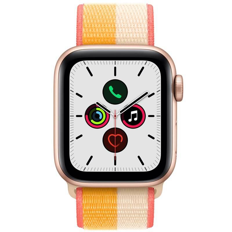 Chytré hodinky Apple Watch SE GPS Cellular, 40mm pouzdro ze zlatého hliníku - oranžovožlutý bílý provlékací sportovní řemínek