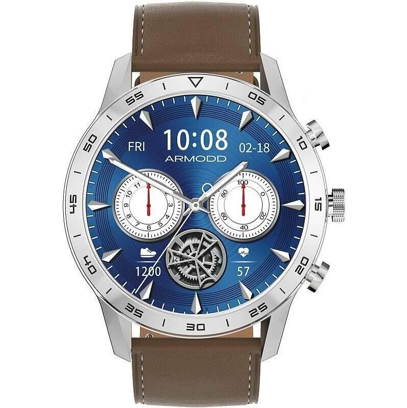 Chytré hodinky ARMODD Silentwatch 4 Pro stříbrná s hnědým koženým řemínkem silikonový řemínek, Chytré, hodinky, ARMODD, Silentwatch, 4, Pro, stříbrná, s, hnědým, koženým, řemínkem, silikonový, řemínek