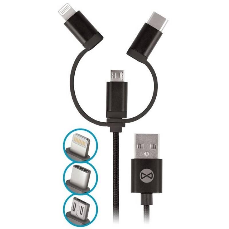 Kabel Forever 3v1, USB Micro USB Lightning USB-C, 1m černý