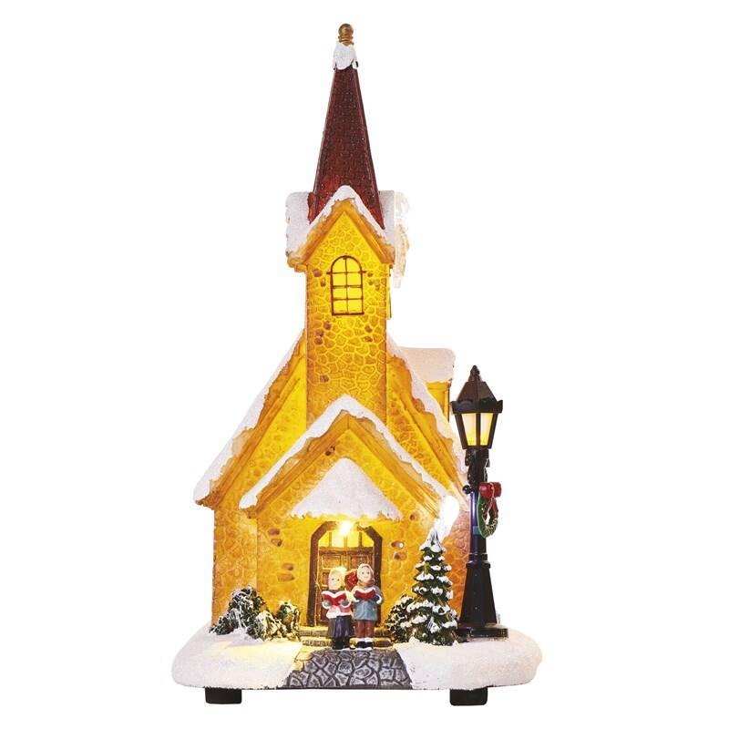 LED dekorace EMOS zasněžený vánoční kostel, 26 cm, 3x AA, vnitřní, teplá bílá