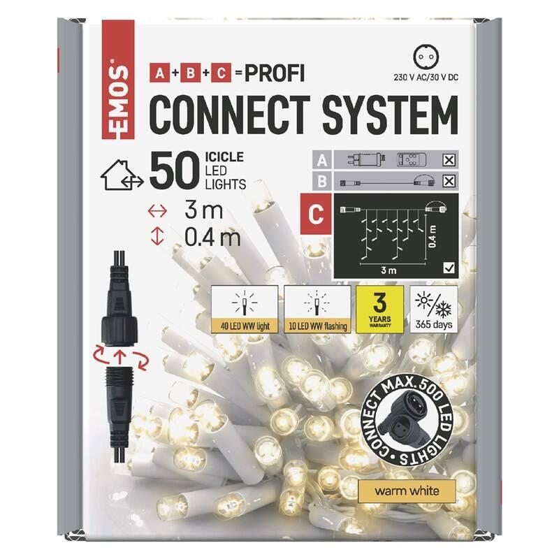 Spojovací řetěz EMOS 50 LED Profi blikající bílý - rampouchy, 3 m, venkovní, teplá bílá, časovač