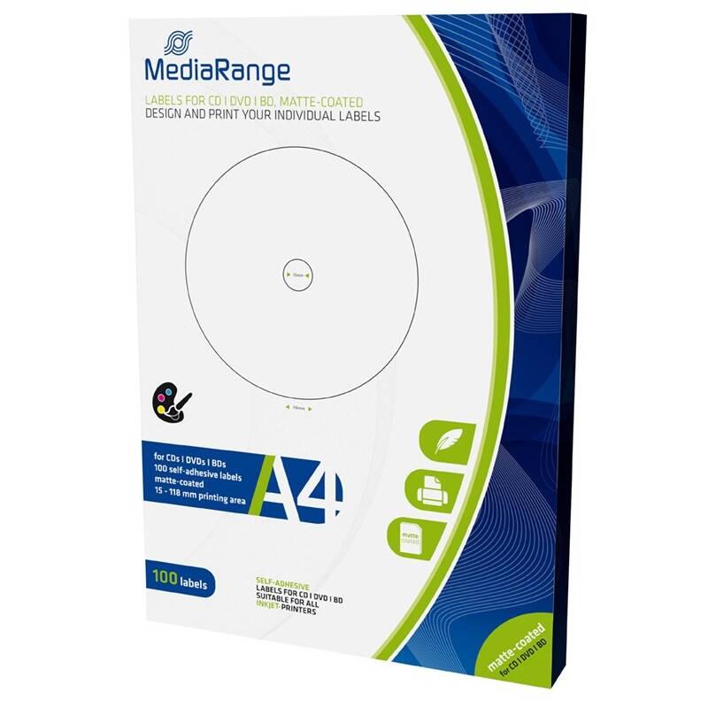 Etikety MediaRange CD DVD Blu-ray 15mm - 118mm 50 listů, Etikety, MediaRange, CD, DVD, Blu-ray, 15mm, 118mm, 50, listů