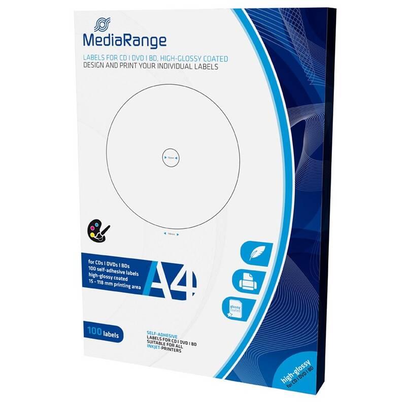 Etikety MediaRange CD DVD Blu-ray High-Glossy 15mm - 118mm 50 listů, Etikety, MediaRange, CD, DVD, Blu-ray, High-Glossy, 15mm, 118mm, 50, listů